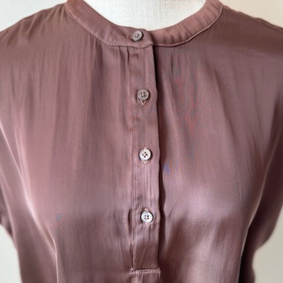 Old Navy Brown Satin Henley Short Sleeved Blouse - M - Picture 7 of 8